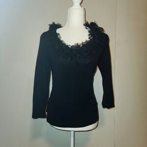 Vintage Y2k Black 3/4 Sleeve Sweater With Lace Fringe Collar Medium M EUC